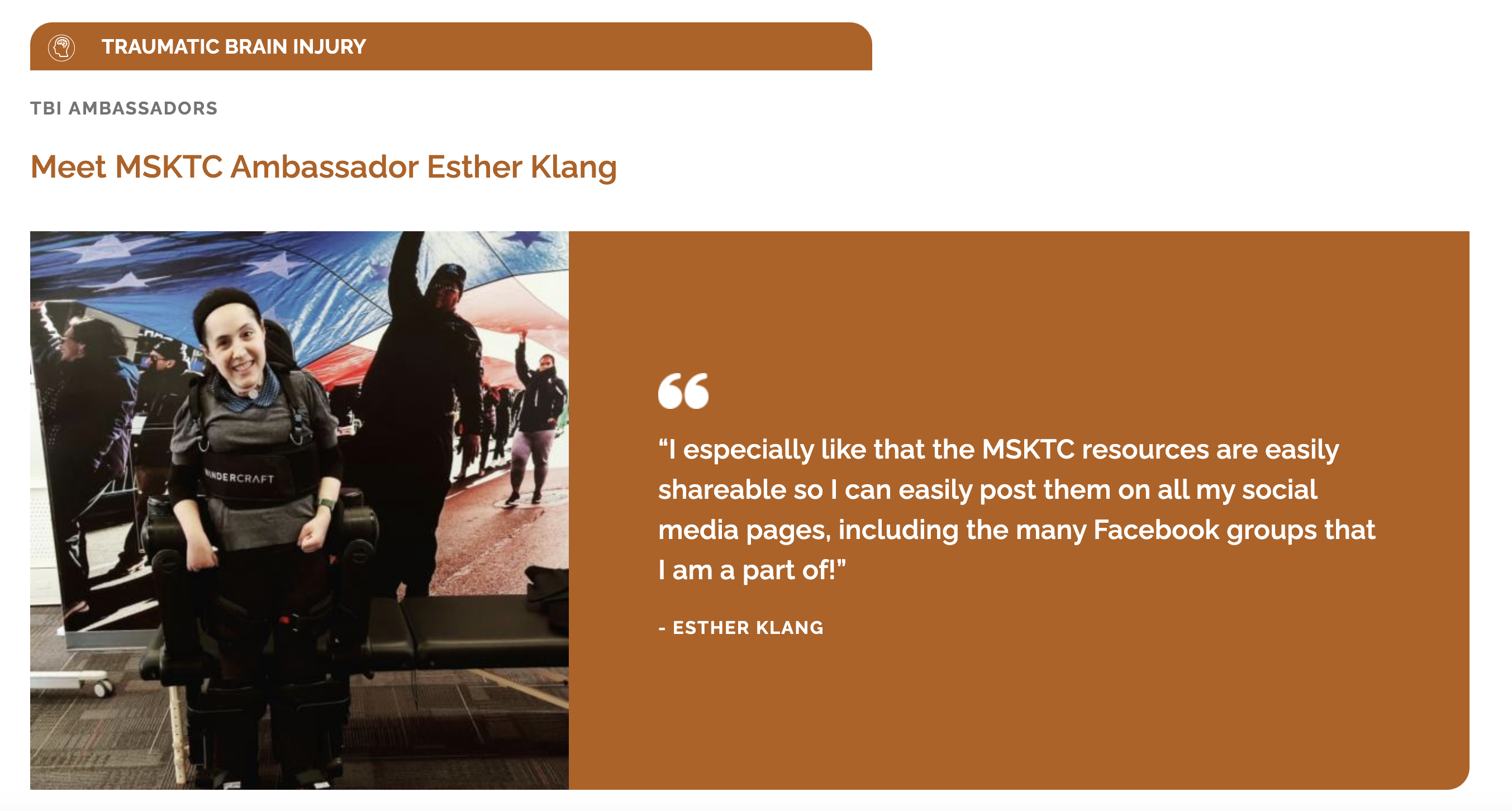 Photo of Esther with a quote that reads: "I especially like that the MSKTC resources are easily shareable so I can easily post them on all my social media pages, including the many Facebook groups that I am a part of!"